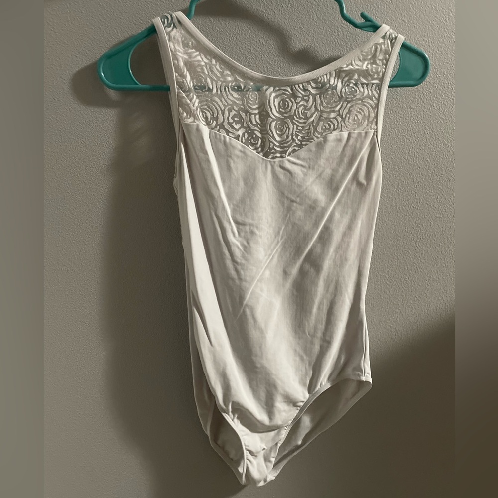 Wear Moi white leotard boatneck with rose detailed mesh size M